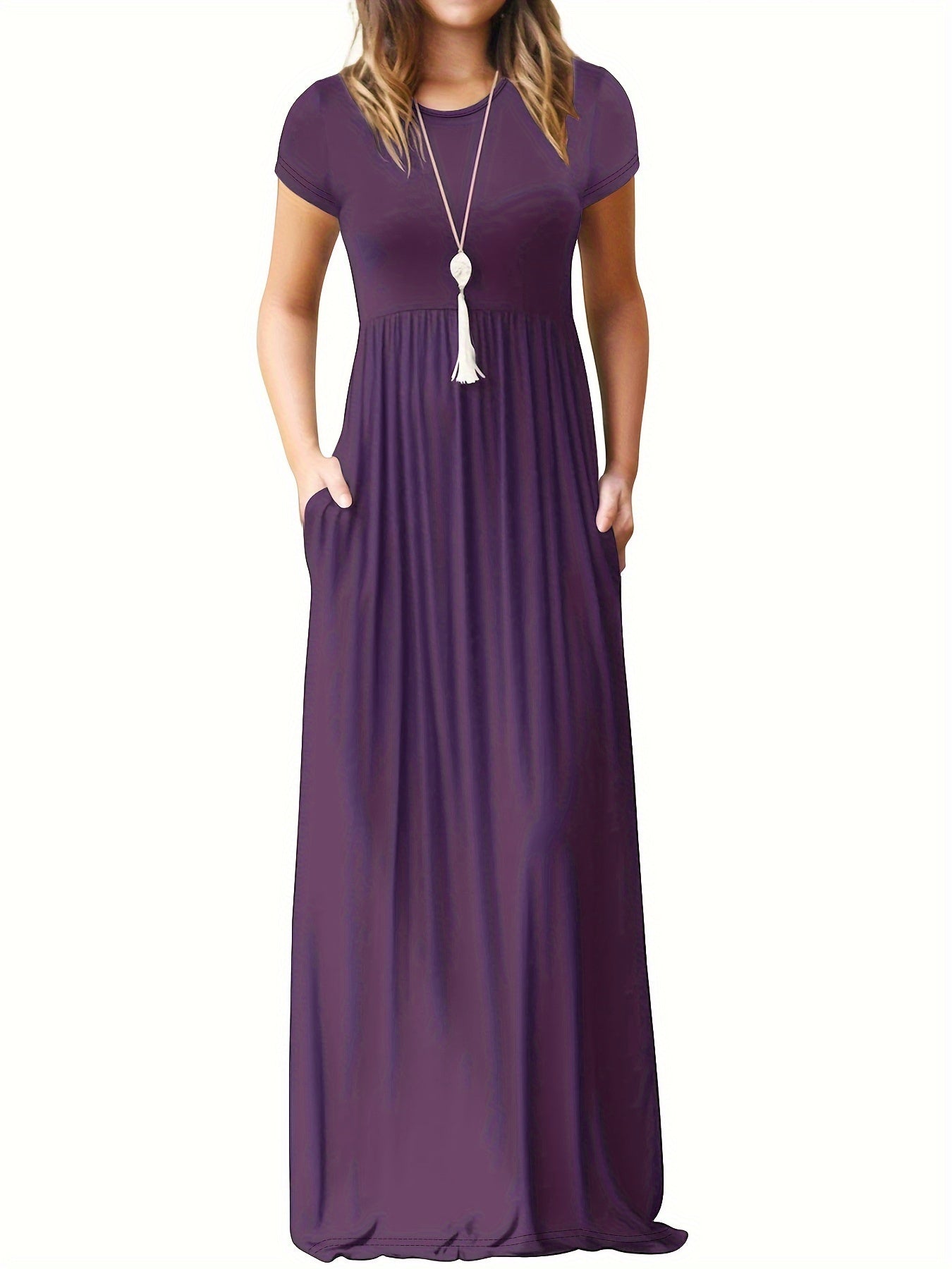 🔥Last day promotion！🔥Solid color pocket long dress, casual short-sleeved crew neck dress