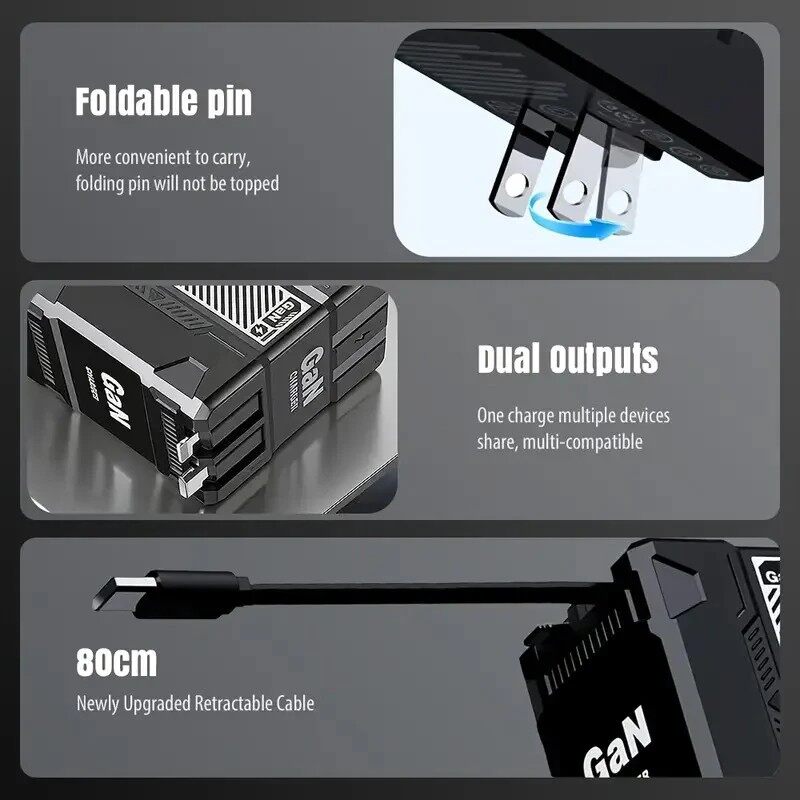 ⚡A+C Multi-Port 120W GaN Charger | Comes with a retractable cable for fast charging of all devices