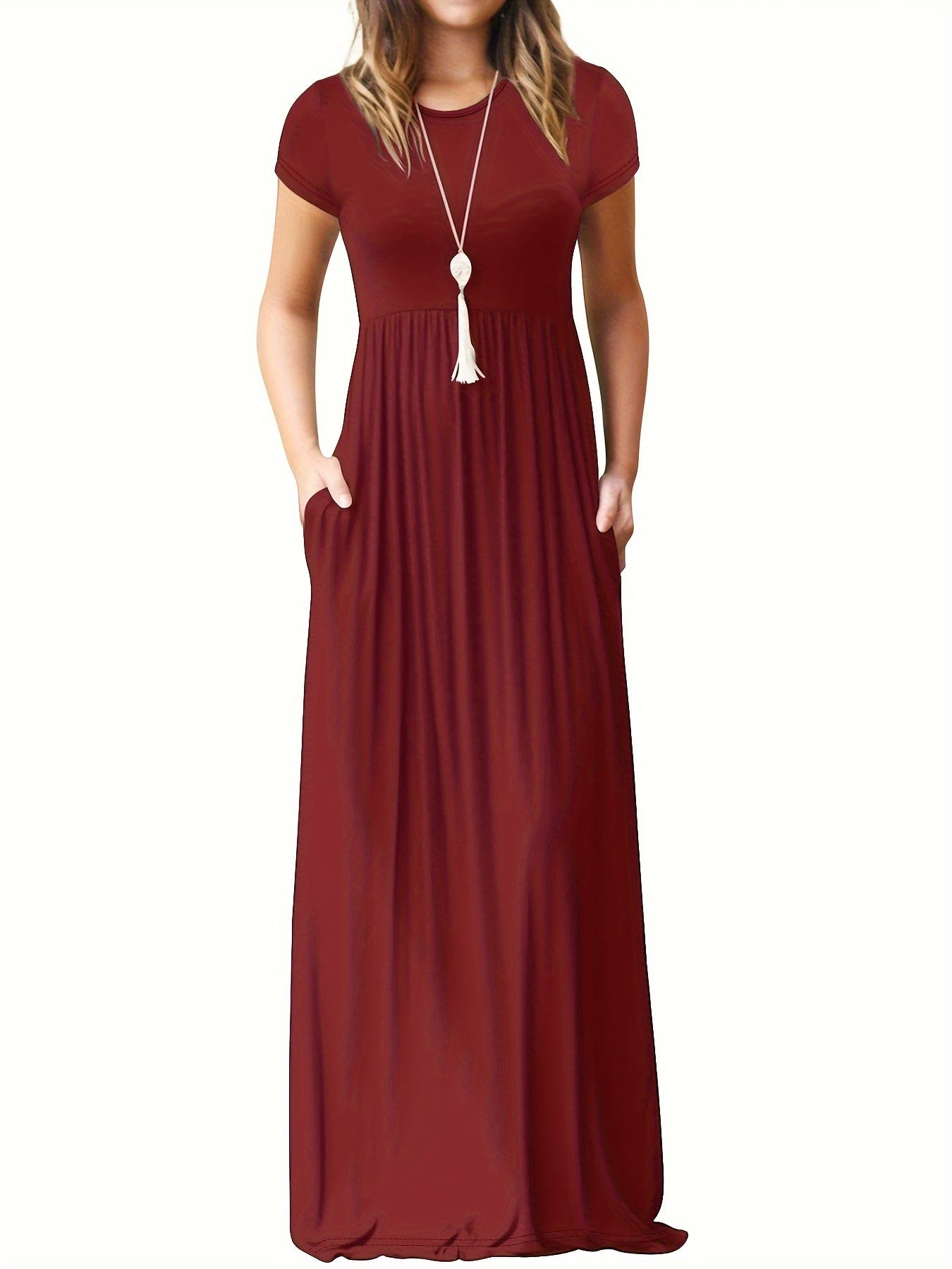 🔥Last day promotion！🔥Solid color pocket long dress, casual short-sleeved crew neck dress