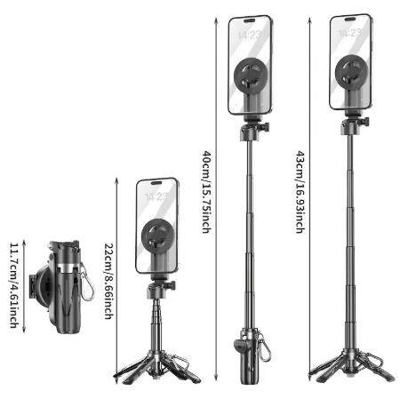 ✨Magsafe Tripod Stand for iPhone Portable Pocket Size Selfie Stick with Rechargeable Remote and Metal RingCompatible with Android