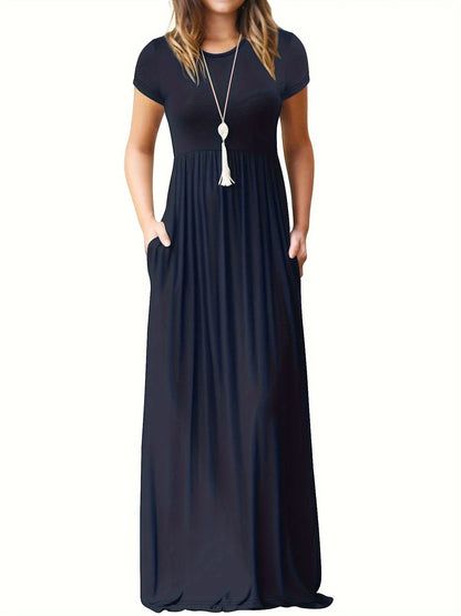 🔥Last day promotion！🔥Solid color pocket long dress, casual short-sleeved crew neck dress