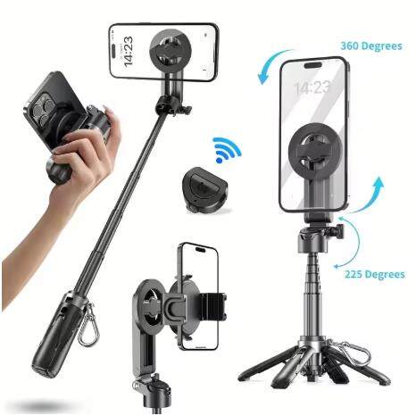 ✨Magsafe Tripod Stand for iPhone Portable Pocket Size Selfie Stick with Rechargeable Remote and Metal RingCompatible with Android