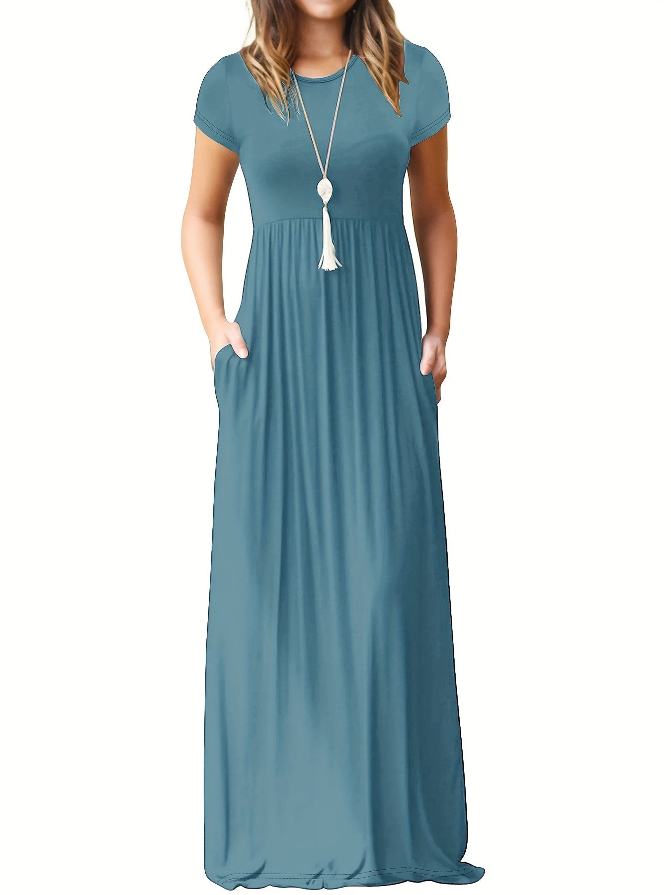 🔥Last day promotion！🔥Solid color pocket long dress, casual short-sleeved crew neck dress