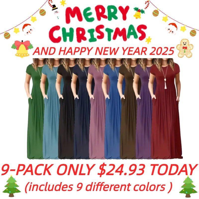 🔥Last day promotion！🔥Solid color pocket long dress, casual short-sleeved crew neck dress