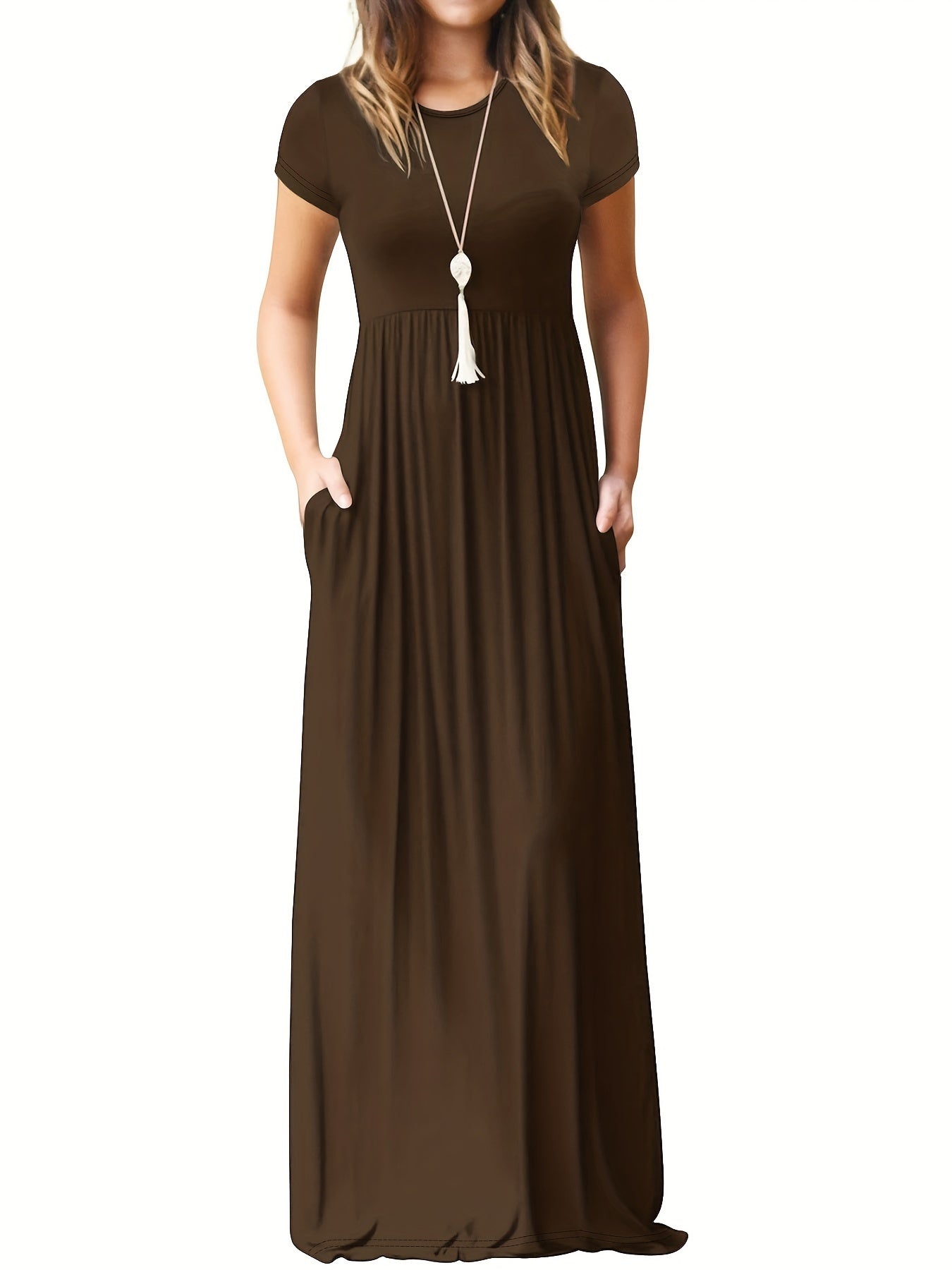 🔥Last day promotion！🔥Solid color pocket long dress, casual short-sleeved crew neck dress