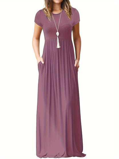🔥Last day promotion！🔥Solid color pocket long dress, casual short-sleeved crew neck dress